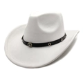 Detail of white suede cowboy hat featuring vintage buckles and bohemian rhinestone band - M (56-58cm) / White