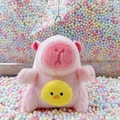 Pink capybara plush keychain with yellow chick pattern and silver bead chain hook - Holding Chick Pink + Bead Chain