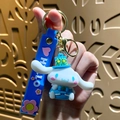 Blue Cinnamoroll silicone keychain with Hello wrist strap and golden metal ring - Sanrio Floral Series-Cinnamoroll