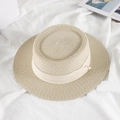 Elegant beige straw boater hat with matching ribbon on natural white textured background - M (56-58cm) / Beige