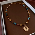 Bohemian handmade beaded flower necklace with sun-eye pendant in multicolor tones - 11# Multicolored Beaded Gold Necklace