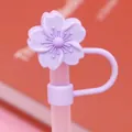 Silicone pink cherry blossom straw cover cap for 10mm cups in a purple floral design - Purple Begonia / 10mm