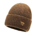 Dark brown ribbed knit beanie featuring thick texture and embroidered geometric logo - One Size / Coffee