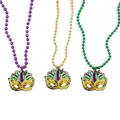 Three-piece Mardi Gras bead necklace set with sequined carnival masks in purple, gold, green - Sequin Mask A Three-Color Necklace Set