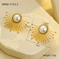 Detailed view of sunburst pearl earrings with measurements of 2.84cm height and 4cm width - 18K Gold Plated / Gold Sunburst Pearl Style (NMSE-F733-2)