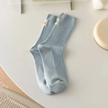 Light blue cotton crew socks with ribbed texture and minimalist BEST LOVE fabric tag - One Size / Milky Blue