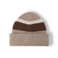 Three-color striped wool knit beanie for women featuring warm ribbed texture in beige and brown - Adjustable / Khaki