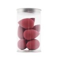 Detail view of burgundy teardrop makeup sponges in a clear cylindrical storage container - Set of 8 / Burgundy
