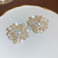 Detail of flower earrings with freshwater pearls and crystals on a ceramic dish - 45# Silver Earring Post - Cream White Sakura Pearl Rhinestone Stud