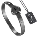Black titanium interlocking heart lock bracelet and key necklace set with white diamonds - With Diamond Square Tag / Black