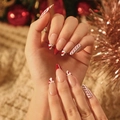 Kerst amandel kunstnagels met rode Franse tips en feestelijke patronen - Kerst Rode Rand Zuurstok Stijl (JP1892)