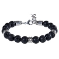 Men's fashion bracelet with 8mm black lava stone beads and polished steel cylinder spacers - Lava Rock Bracelet