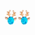Rose gold reindeer stud earrings with oval blue crystal and delicate antler details - Rose Gold-Lake Blue Crystal