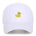 Close-up of cute yellow duck embroidery on white cotton twill baseball cap - White