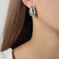 Elegant silver teardrop earrings with white rhinestones worn by a model in a close-up - Silver High-gloss Shell Pearl (F1007-High-gloss Shell Pearl Steel Color)