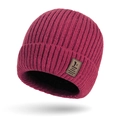 Winter knitted beanie in magenta with Ediko leather patch and thick ribbed texture - Burgundy
