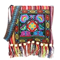 Bohemian embroidery crossbody bag with colorful tassels and wooden beads detail - Red Large