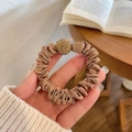 Elegant brown satin pleated hair scrunchie featuring a luxury golden rhinestone ball detail - Satin Rhinestone Ball / Khaki Rhinestone Bead