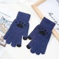 Navy blue knitted gloves with black cat paw print and touch screen tips for winter - One Size / Navy Blue (Touch Paw)