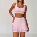 Pink yoga sports set with high-waist pleated tennis skirt and elastic crop top - S / Top And Bottom / Bra And Skirt / Peach Pink