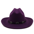 Detail of dark purple felt fedora with black band and three vintage silver buckles - M (56-58cm) / Purple