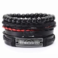 Men's 4-piece set including black beads, red woven leather, and I Love U metal charm bracelet - I Love U Style (5)