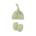Close-up of soft light green cotton knit newborn knotted hat and anti-scratch mittens set - Grey Green Hat and Mittens