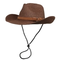 Dark brown hand-woven raffia straw cowboy hat with adjustable chin strap and suede band - M (56-58cm) / Coffee