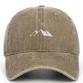 Close-up of mountain peak embroidery on washed cotton vintage style baseball cap - Khaki