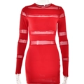 Close-up of red bodycon dress featuring sheer mesh panels on chest and long sleeves - S / Red