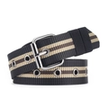 Men's striped canvas belt with silver pin buckle and woven fabric on white background - Black Striped