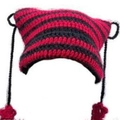 Handmade crochet cat ear hat with red and black stripes and hanging side tassels - Rose Pink Black Stripes