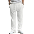 Detail of white men's ribbed casual pants showing texture side pockets and drawstring waist - White