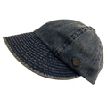 Close-up of deep blue washed denim texture with a vintage metal logo crest detail - Adjustable / Washed Blue