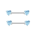 Pair of silver nipple piercings featuring light blue heart-shaped cubic zirconia stones - One Pair / Silver Blue Zirconia