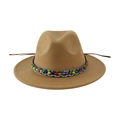 Flat brim wool fedora hat in khaki with ethnic colorful beaded band and side chin cords - 58cm / Khaki