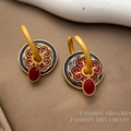 Neo-Chinese earrings with blue enamel and red oval gemstone in gold finish - T2329 Style / Blue Base Red Petal Gem