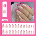 Faux ongles amande rose style français avec motifs vagues blanches, ensemble de 24 pièces - Style Français Biseauté Rouge Rose (W694)