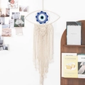 Handwoven beige macrame wall hanging with blue evil eye design and long tassels - Evil Eye - White