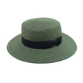 Detail of dark green boater hat featuring fine woven straw texture and black bow ribbon - M (56-58cm) / Dark Green