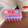 Pink glitter acrylic hair claw clip with heart and Chaos Coordinator letter print - 8.5cm / Pink
