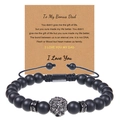 Detail view of lion head bracelet with black matte beads and bonus dad message card - To My Son