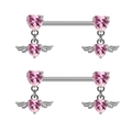 Pink heart crystal nipple rings with angel wings dangle in silver stainless steel - White Gold Plated Pink Zirconia
