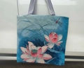 Harajuku style jacquard tote bag featuring pink lotus print and striped shoulder strap - Lotus