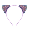 Close-up of sparkling multicolor sequins on purple cat ear headband for kids - Navy Blue
