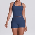 Conjunto de yoga azul marino de 2 piezas con top de cuello cuadrado y shorts altos - S / Azul Marino