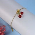 Golden stainless steel chain necklace with cherry and heart pendants in red finish - Cherry Heart Stainless Steel Necklace (FN1014)