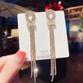 Elegant 925 sterling silver bow knot earrings with long tassels and sparkling zircons - Gold Inlaid Small Diamond Bow Tassel Earrings (E0118金)