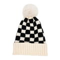 Gorro de punto de tablero de ajedrez con pompón de piel sintética y borde acanalado - M(55-60cm) / Beige