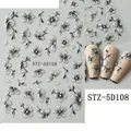 Detailed 5D embossed nail stickers featuring silver glitter flowers and black leaf accents - STZ-5D108 (Bare Sheet)